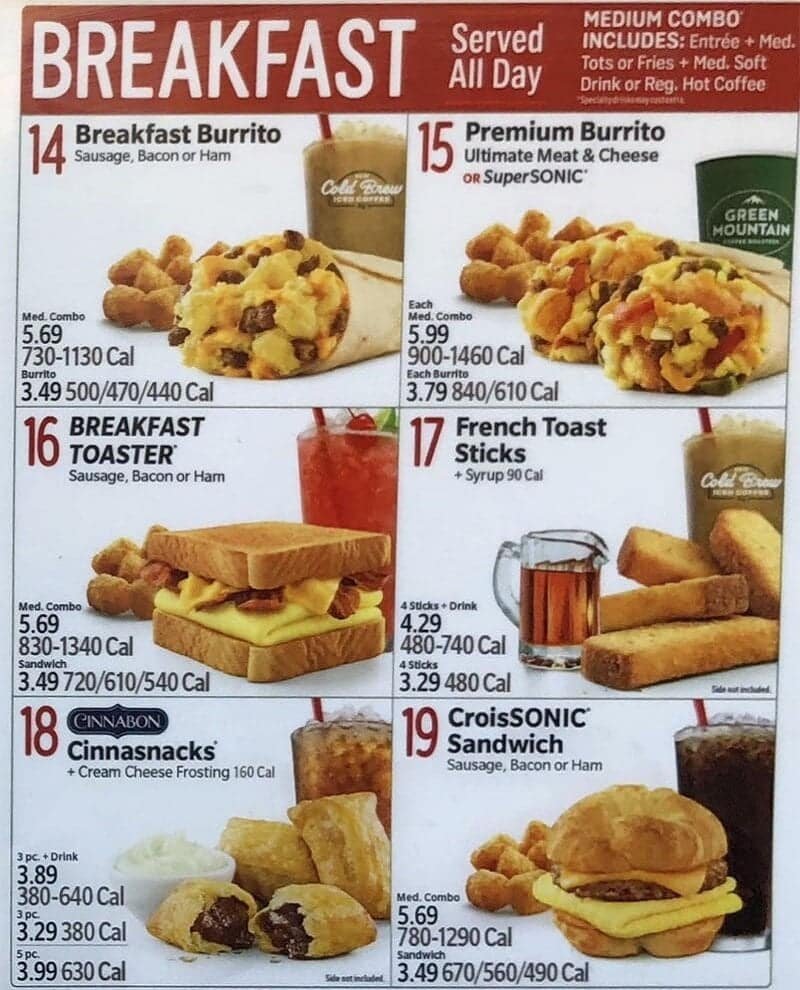 Sonic Breakfast Menu and Prices